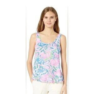 ✨Lilly Pulitzer Floral Blue Tiger Sunrise Top‎ Ruffle Trim Pink Blue Green Sz S